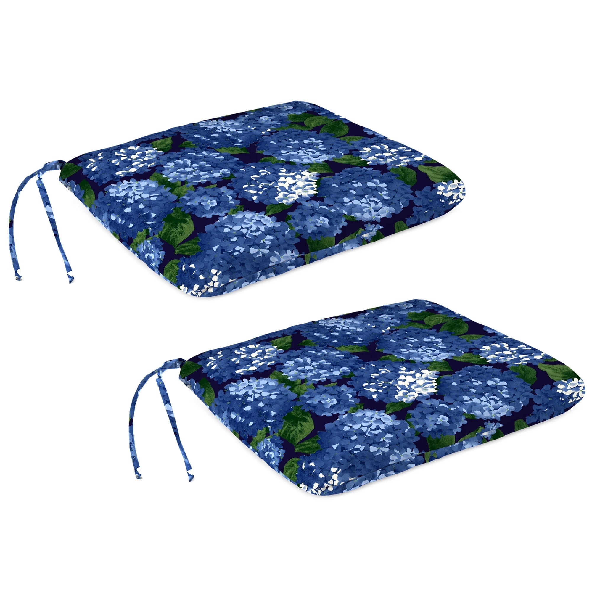 Jordan Manufacturing 16" x 16" Hydrangea Midnight Navy Floral Square Outdoor Chair Pad Seat Cushion with Ties (2 Pack)