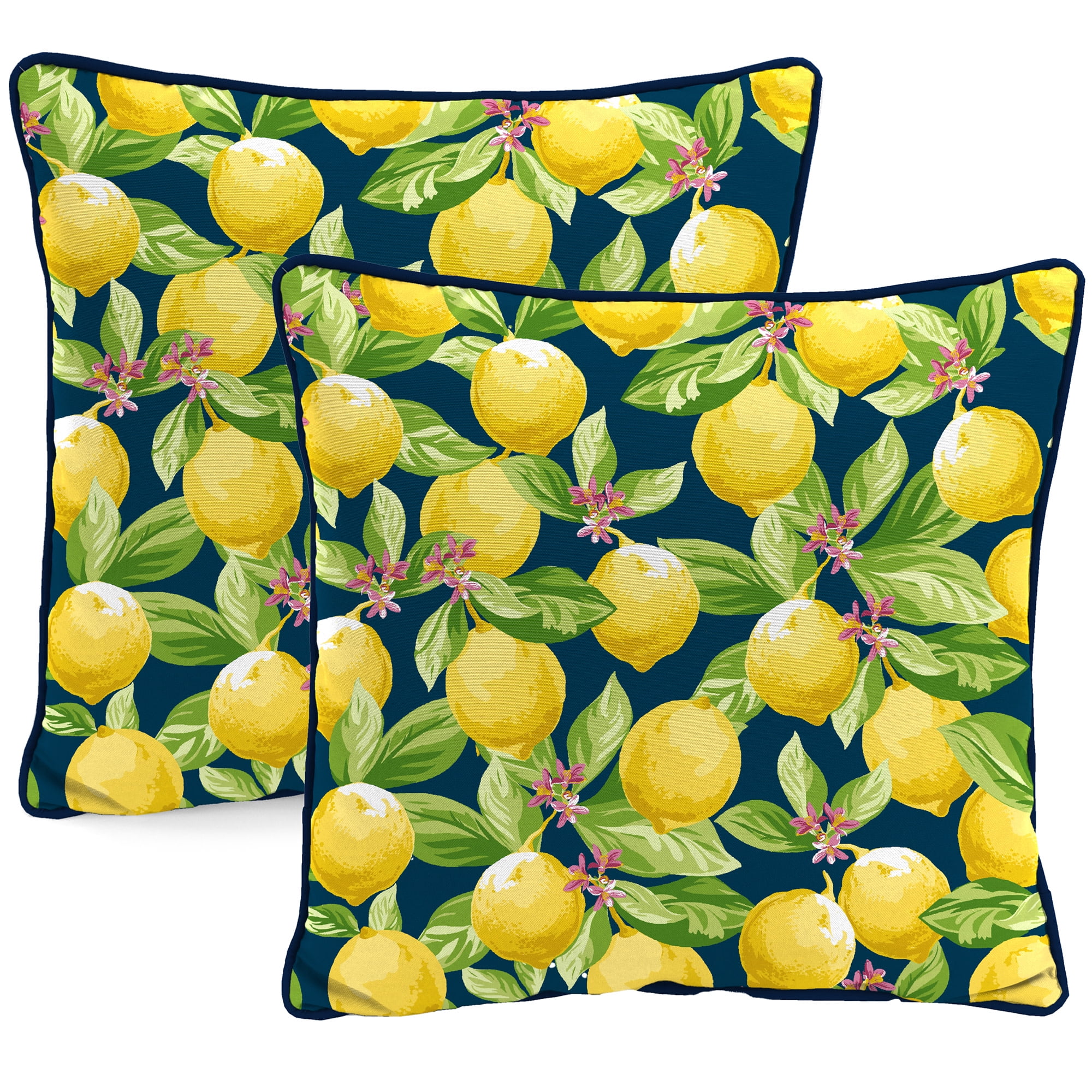 Jordan Manufacturing 16" x 16" Lemons Navy Fruit Square Outdoor Throw Pillow with Welt