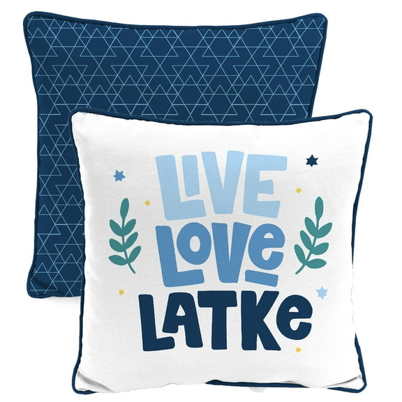 Jordan Manufacturing 16" x 16" Live Love Latke Hanukkah Cream Novelty and Navy Geometric Reversible Square Outdoor Throw Pillow with Welt (2 Pack)