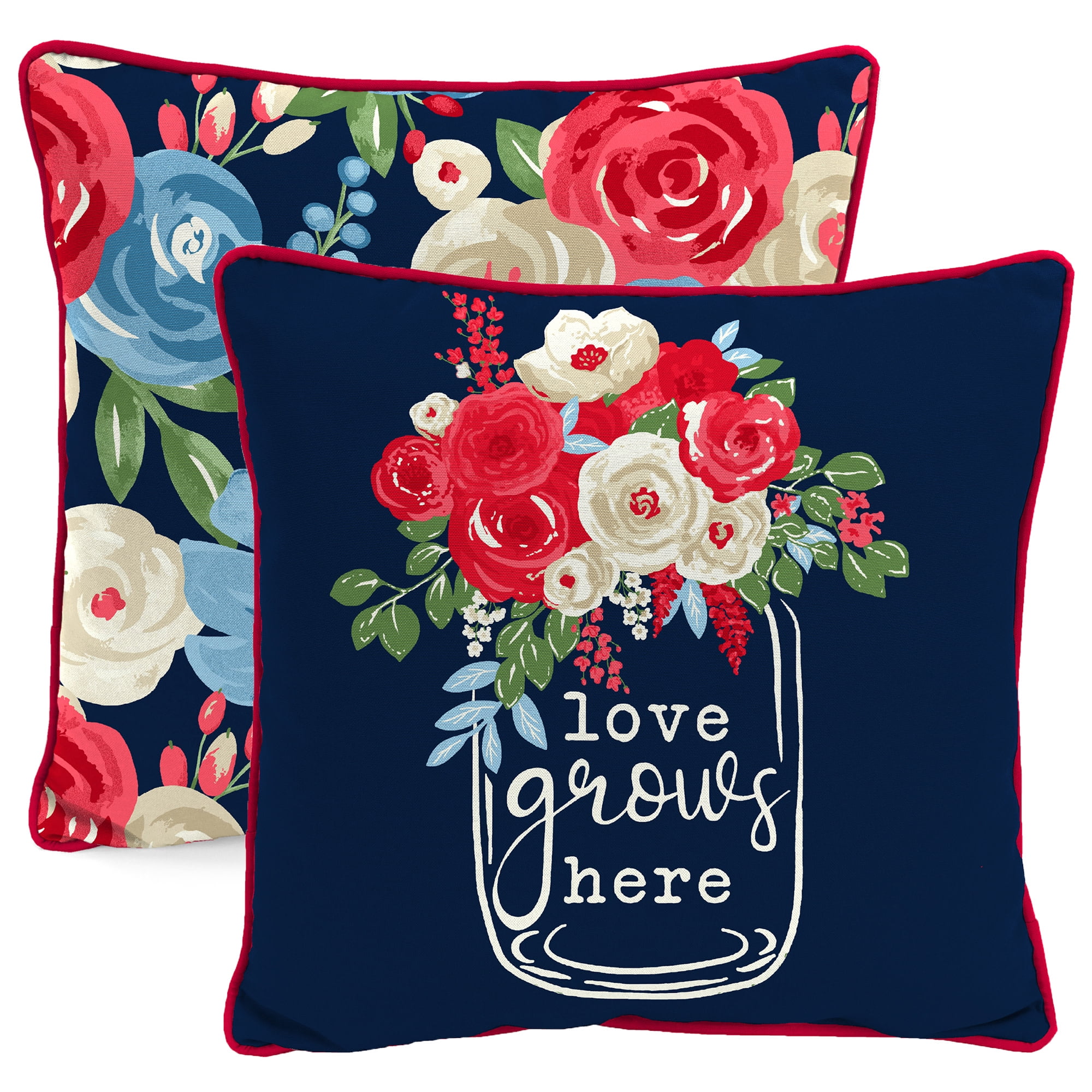 Navy and Multicolor Floral Reversible Square Outdoor Throw Pillow