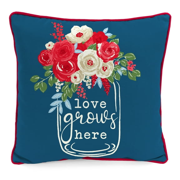 Jordan Manufacturing 16" x 16" Love Grows Navy Floral Square Outdoor Throw Pillow with Welt