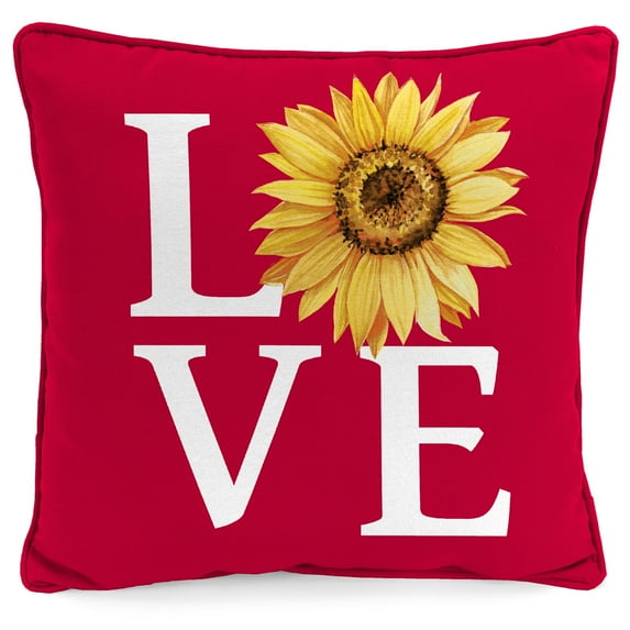 Jordan Manufacturing 16" x 16" Love Sunflower Red Novelty and Floral Reversible Square Outdoor Throw Pillow with Welt