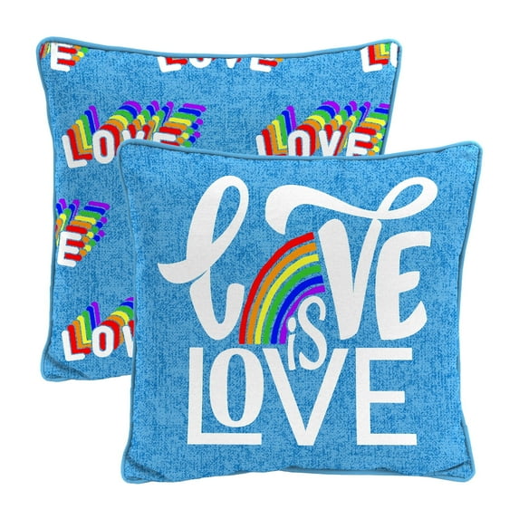 Jordan Manufacturing 16" x 16" Love is Love and Rainbows Light Blue Novelty Reversible Square Outdoor Throw Pillow with Welt (2 Pack)
