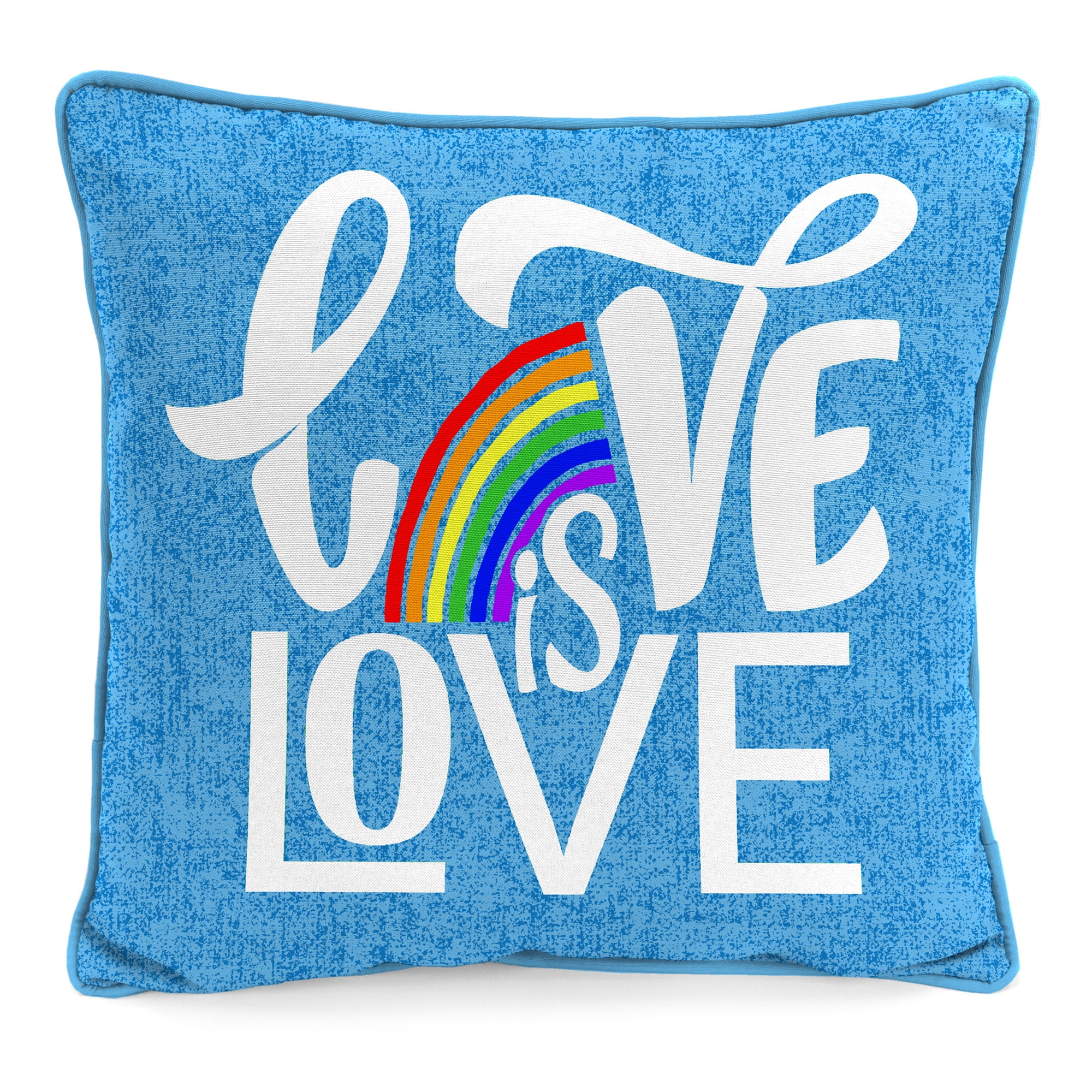 Jordan Manufacturing 16" x 16" Love is Love and Rainbows Light Blue Novelty Reversible Square Outdoor Throw Pillow with Welt