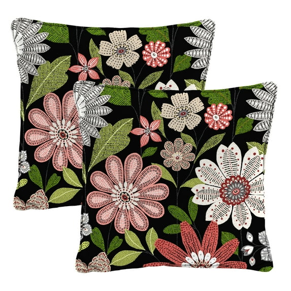 Jordan Manufacturing 16" x 16" Malala Raven Black Floral Square Outdoor Throw Pillow with Welt (2 Pack)