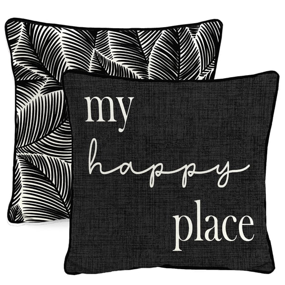 Jordan Manufacturing 16" x 16" My Happy Place Black Novelty and Leaves Reversible Square Outdoor Throw Pillow