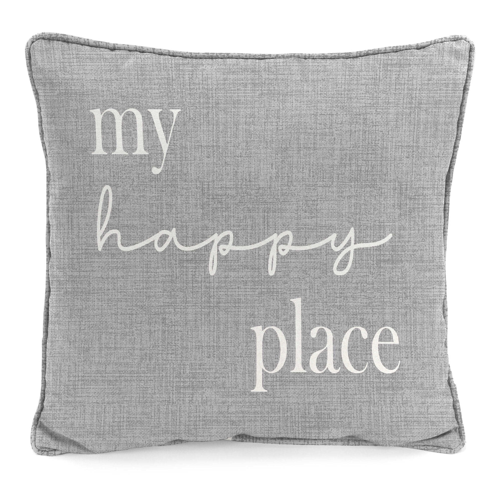 Jordan Manufacturing 16" x 16" My Happy Place Gray Novelty Square Outdoor Throw Pillow with Welt