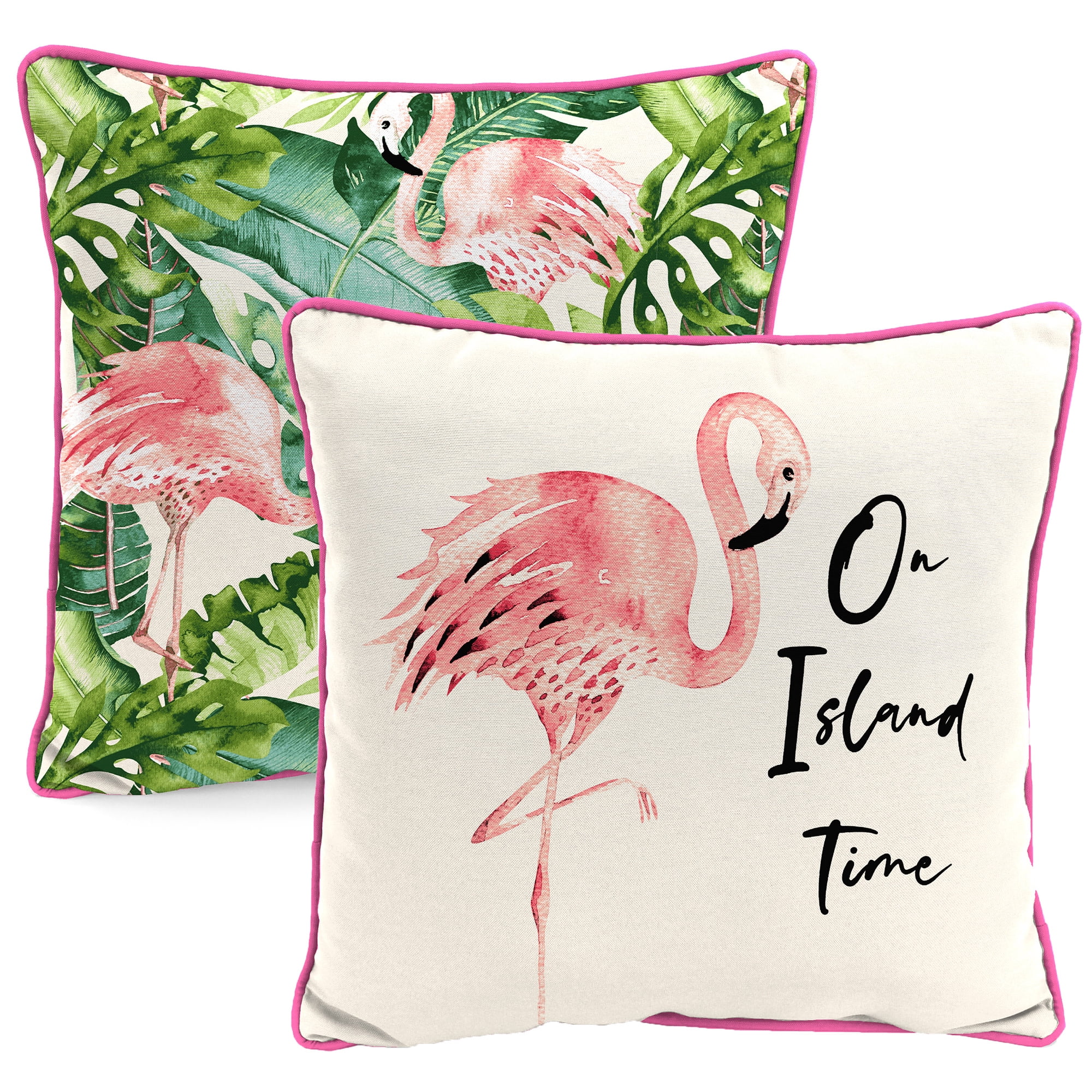 Jordan Manufacturing 16" x 16" On Island Time Flamingo Cream Novelty and Multicolor Leaves Reversible Square Outdoor Throw Pillow