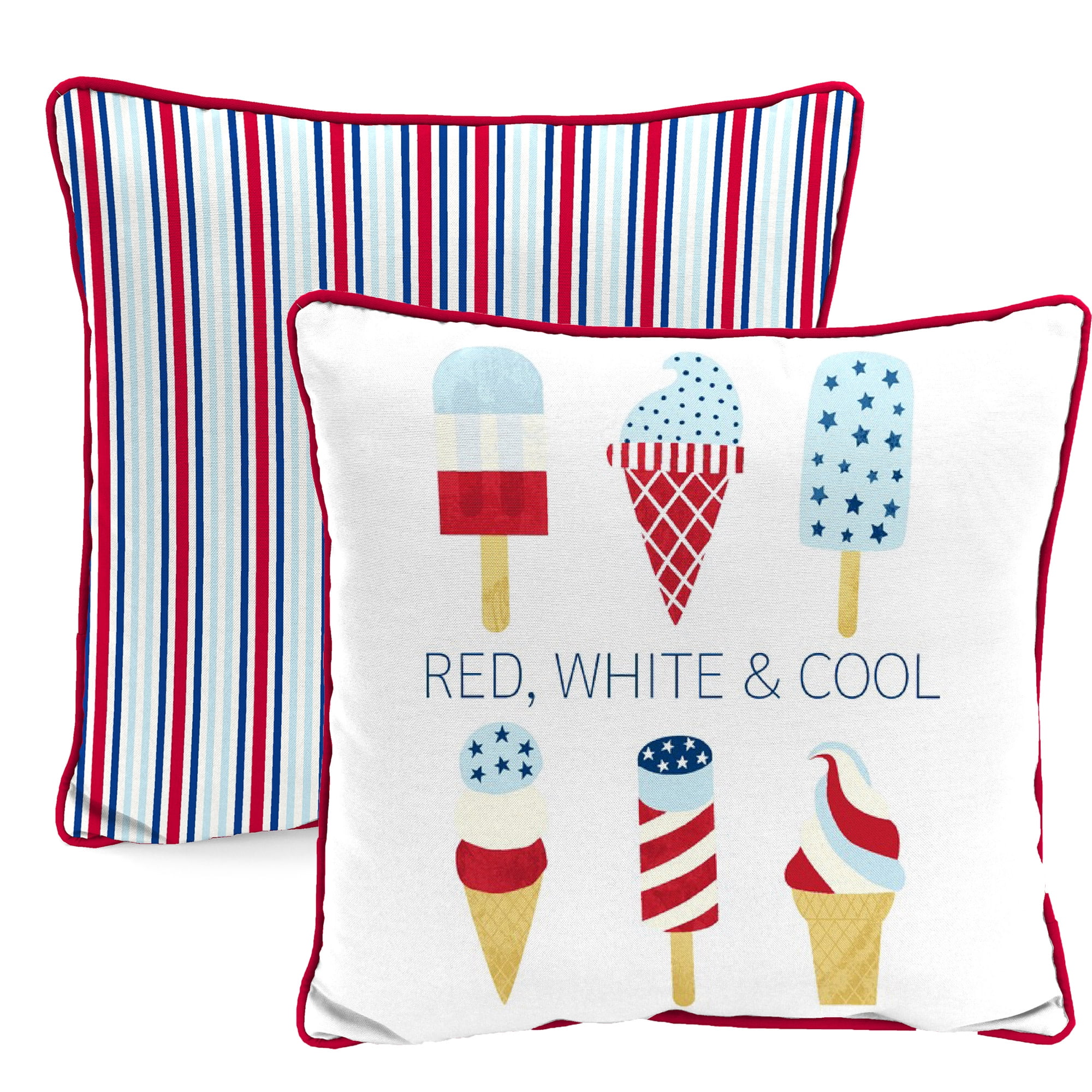 Jordan Manufacturing 16" x 16" Red, White and Cool Multicolor Novelty and Stripe Reversible Square Outdoor Throw Pillow with Welt
