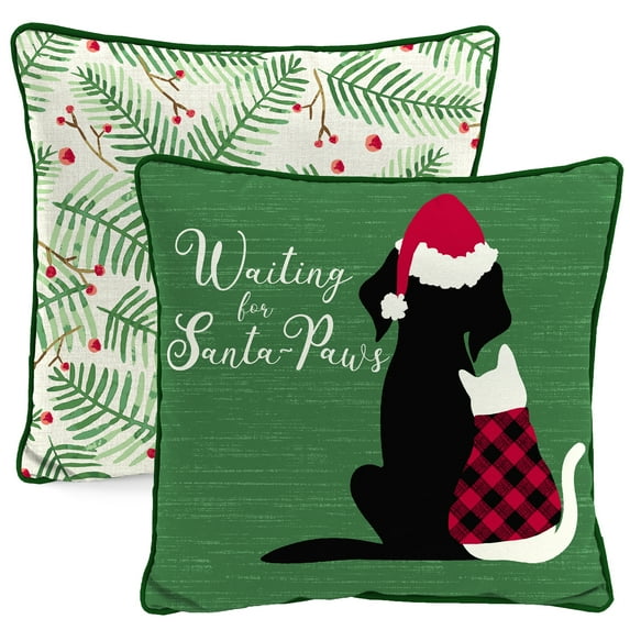 Jordan Manufacturing 16" x 16" Santa Paws Cat and Dog Christmas Forest Green Novelty and Multicolor Leaves Reversible Square Outdoor Throw Pillow with Welt (2 Pack)