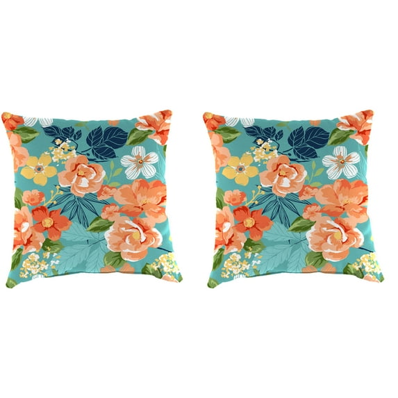 Jordan Manufacturing 16" x 16" Senorita Pelican Turquoise Floral Square Outdoor Throw Pillow (2 Pack)