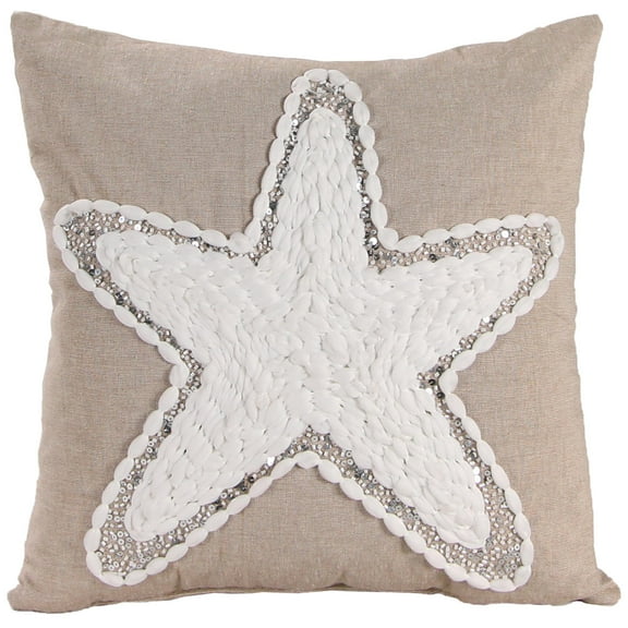 Jordan Manufacturing 16" x 16" Tan Starfish Nautical Square Reversible Decorative Throw Pillow with Bead and Yarn Accent