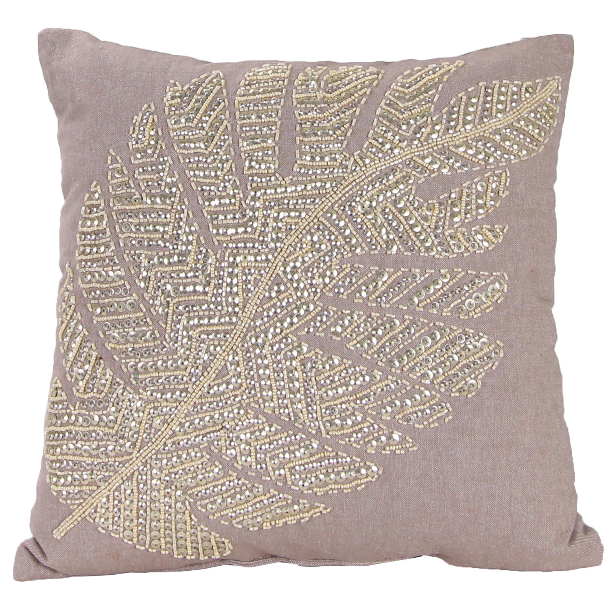 16" Tan and Gold Leaf Beaded Square Throw Pillow