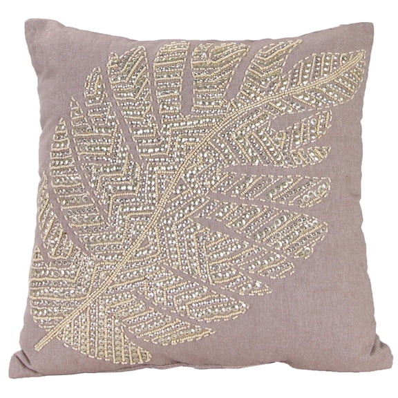 Jordan Manufacturing 16" x 16" Tan and Gold Leaves Square Reversible Decorative Throw Pillow with Bead and Sequin Accents