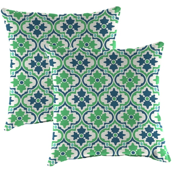 Jordan Manufacturing 16" x 16" Vesey Sea Mist Blue and Green Quatrefoil Square Outdoor Throw Pillow (2 Pack)