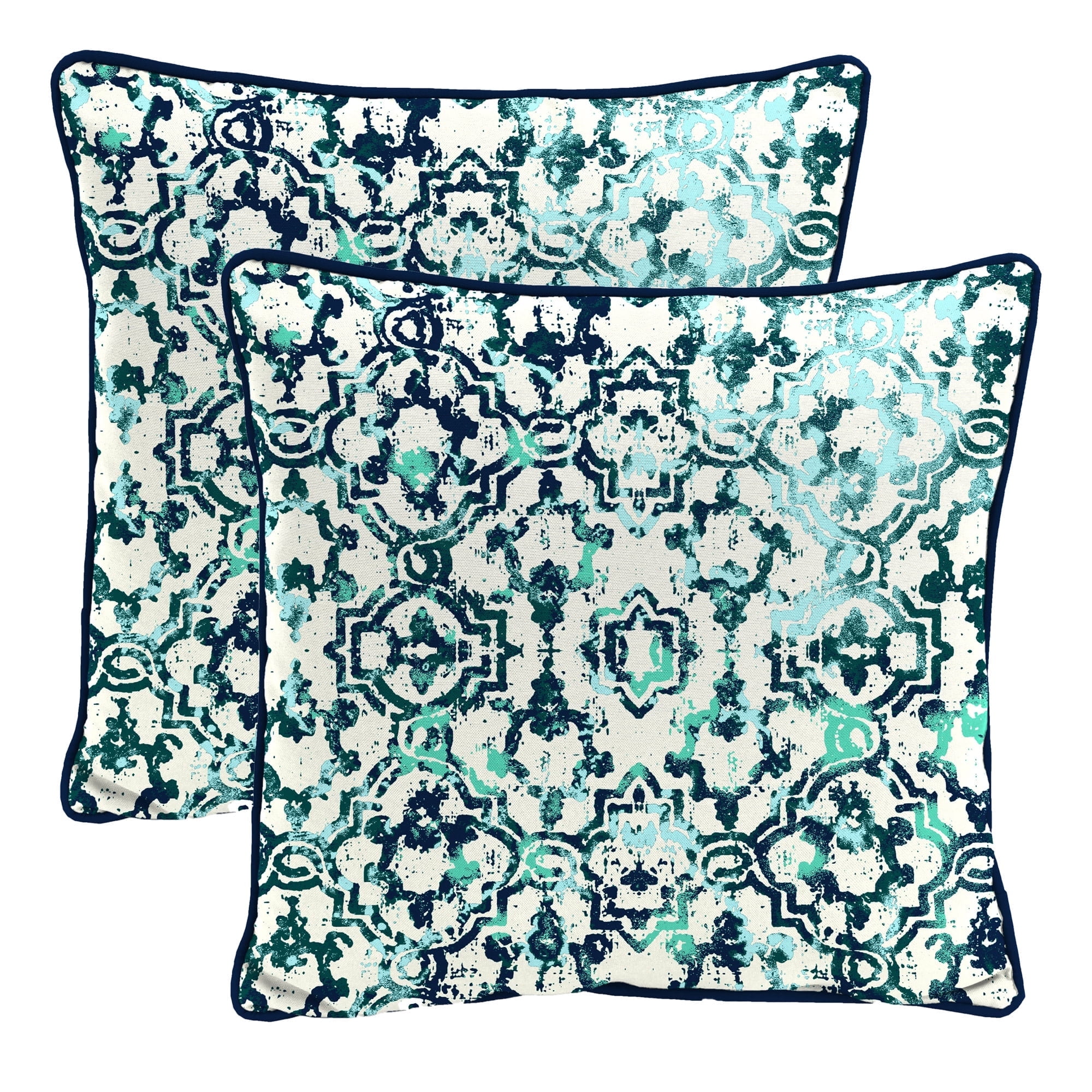 Jordan Manufacturing 16" x 16" Watercolor Blue Lattice Square Outdoor Throw Pillow with Welt (2 Pack)