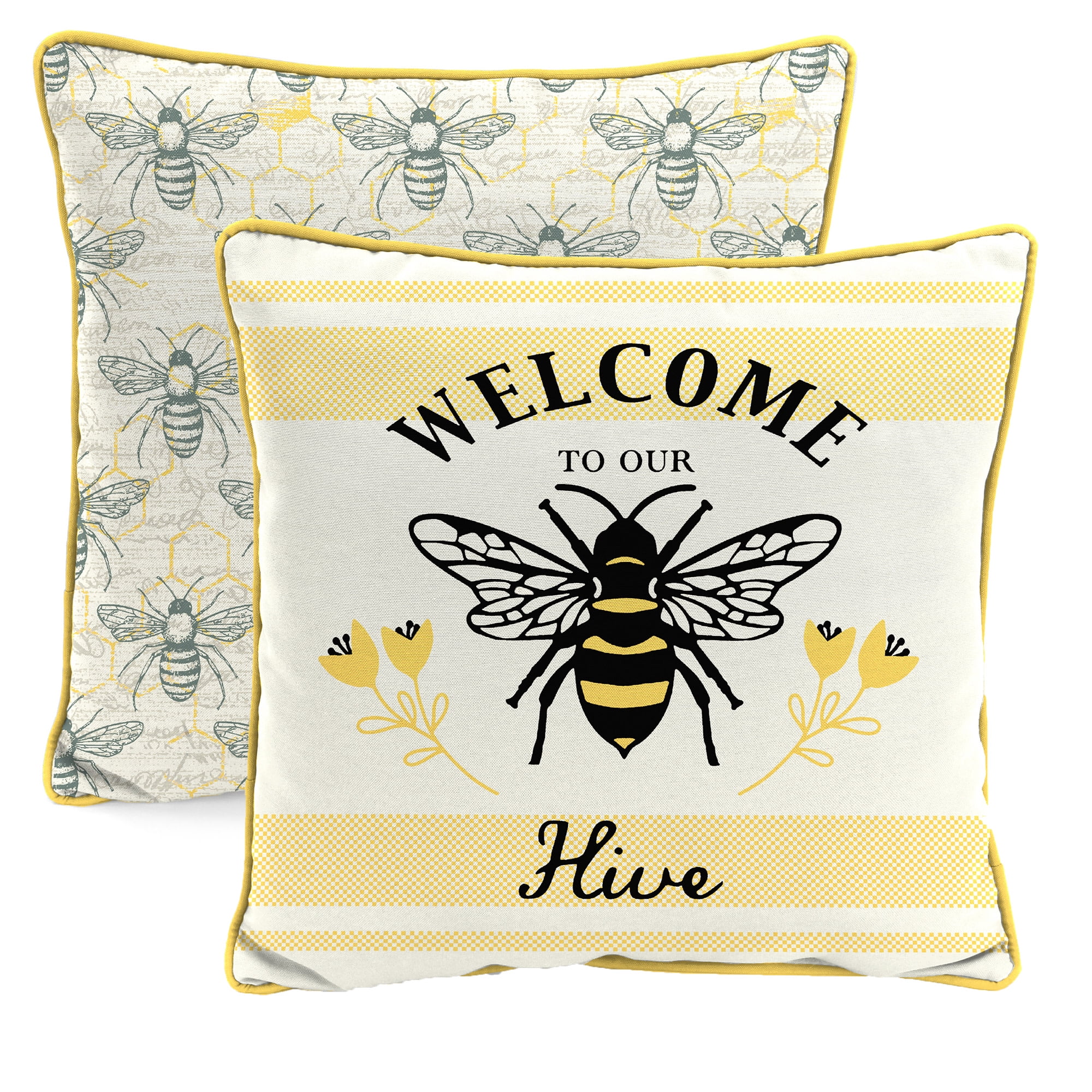 Jordan Manufacturing 16" x 16" Welcome to Our Hive Yellow and Multicolor Novelty Reversible Square Outdoor Throw Pillow with Welt