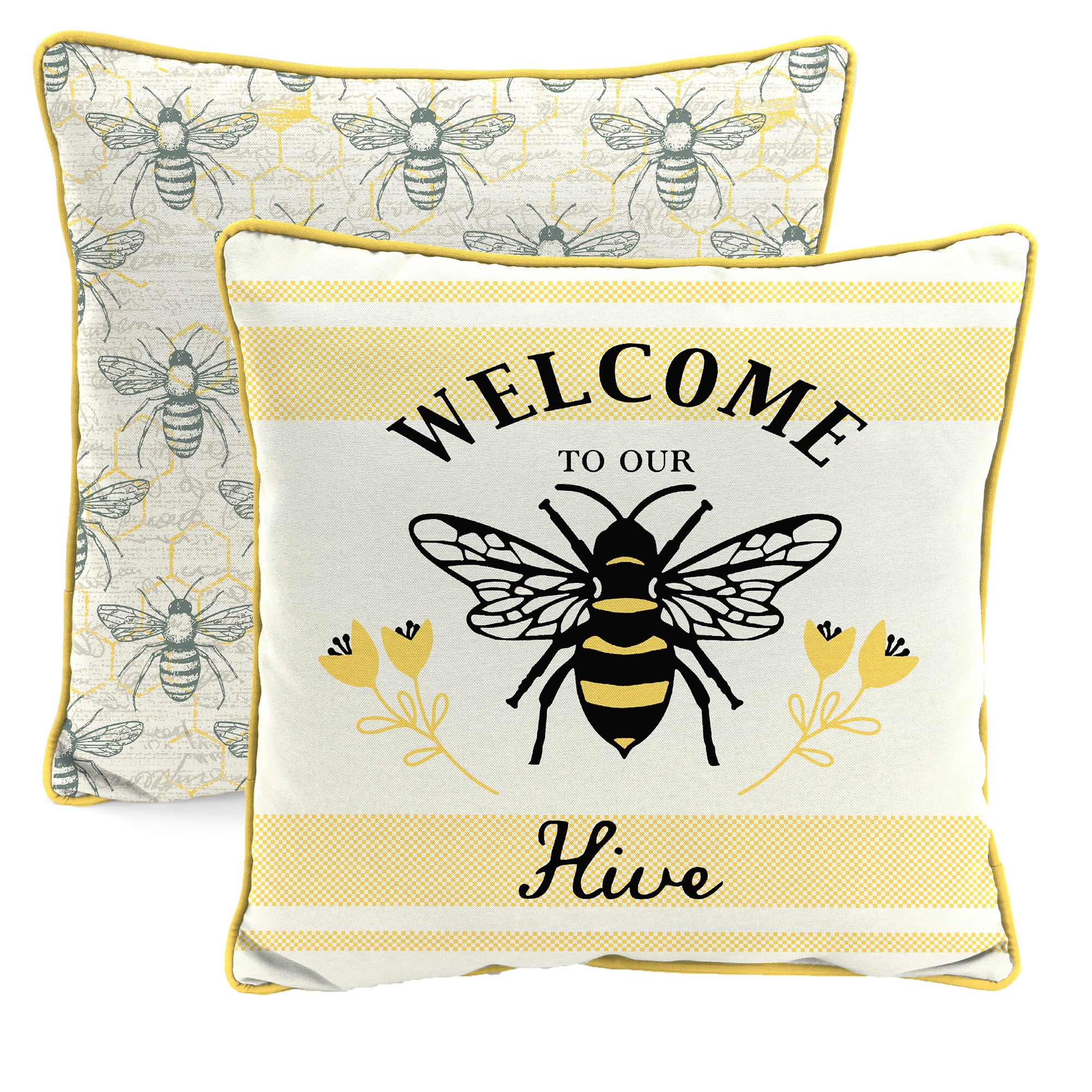 Welcome to Our Hive Yellow and Multicolor Reversible Square Outdoor Pillow