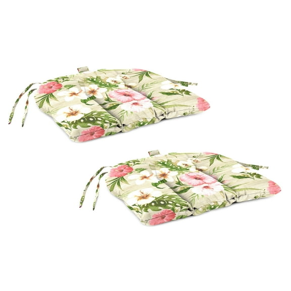 Jordan Manufacturing 16" x 18" Sophie Raffia Beige Floral Rectangular Outdoor Chair Pad Seat Cushion with Ties and Hanger Loop (2 Pack)