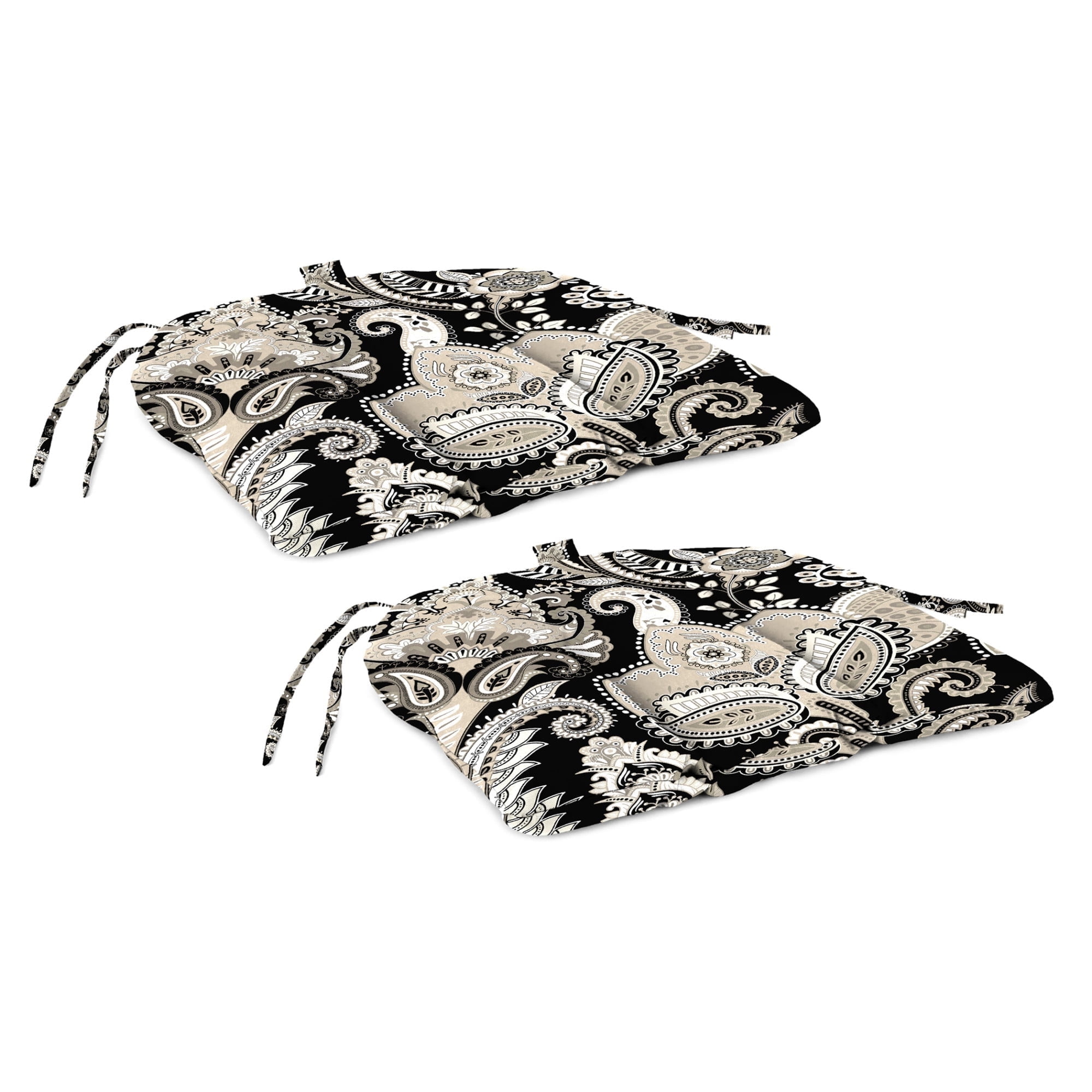 Jordan Manufacturing 16" x 18" Tamil Idyllic Black Paisley Rectangular Outdoor Chair Pad Seat Cushion with Ties and Hanger Loop (2 Pack)