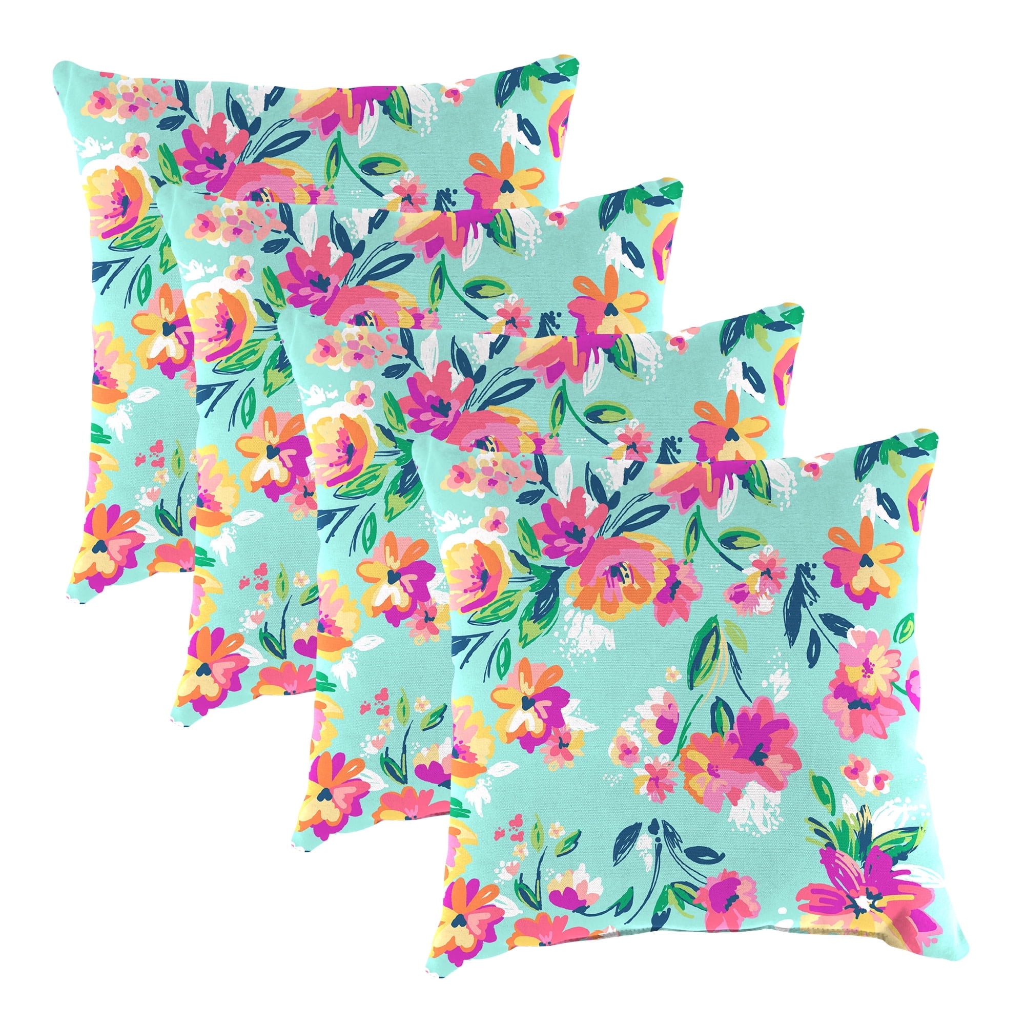 Jordan Manufacturing 17" x 17" Camryn Vibrant Aqua Floral Square Outdoor Throw Pillow (4 Pack)