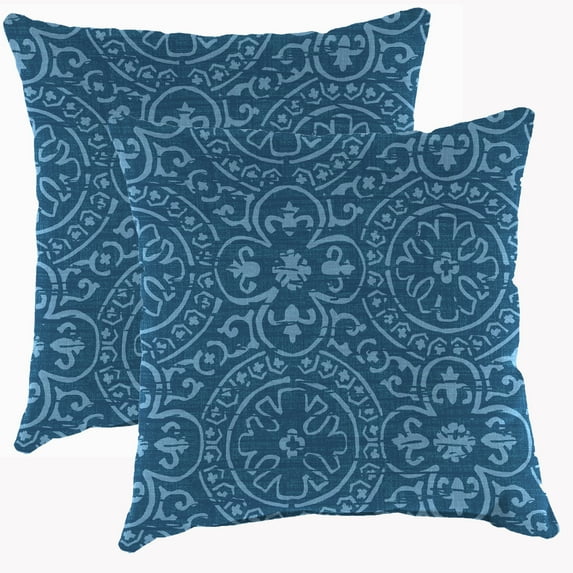 Jordan Manufacturing 17" x 17" Quasi Tuscan Blue Solid and Oberring Tuscan Blue Medallion Reversible Square Outdoor Throw Pillow (2 Pack)