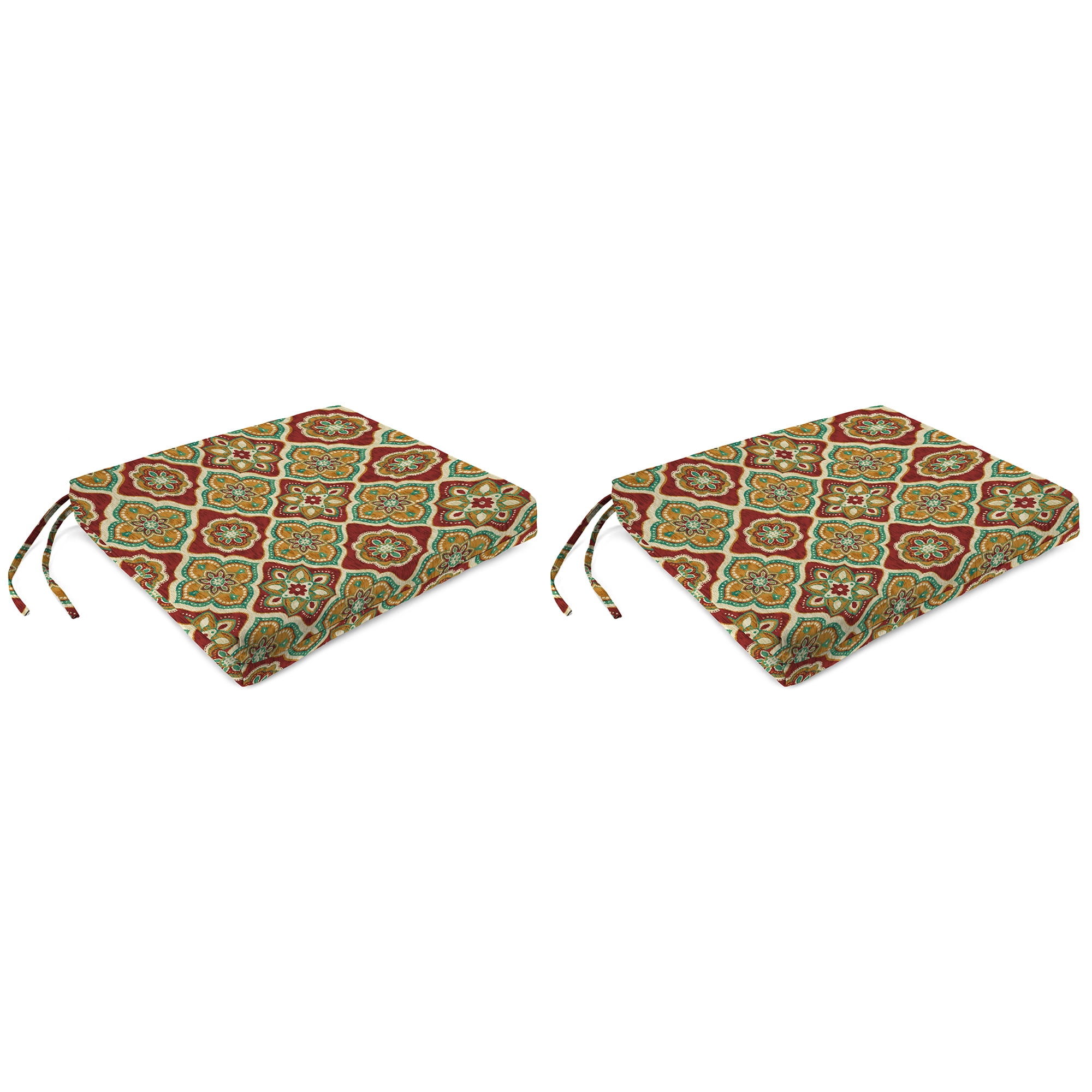 Jordan Manufacturing 17" x 19" Adonis Jewel Red Geometric Rectangular Outdoor Chair Pad Seat Cushion with Ties (2 Pack)