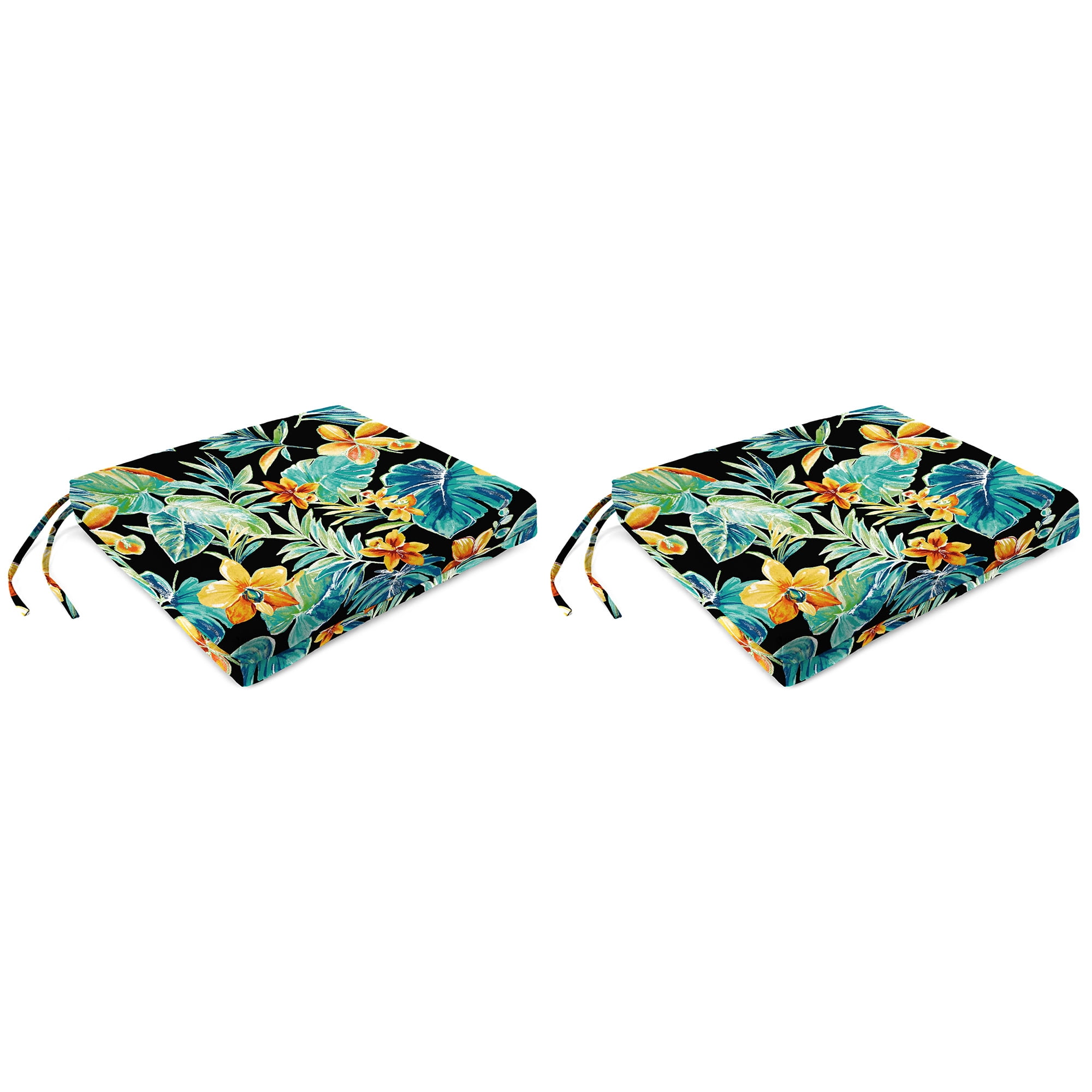 Jordan Manufacturing 17" x 19" Beachcrest Caviar Black Floral Rectangular Outdoor Chair Pad Seat Cushion with Ties (2 Pack)