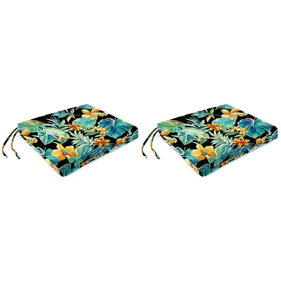 Jordan Manufacturing 17" x 19" Beachcrest Caviar Black Floral Rectangular Outdoor Chair Pad Seat Cushion with Ties (2 Pack)
