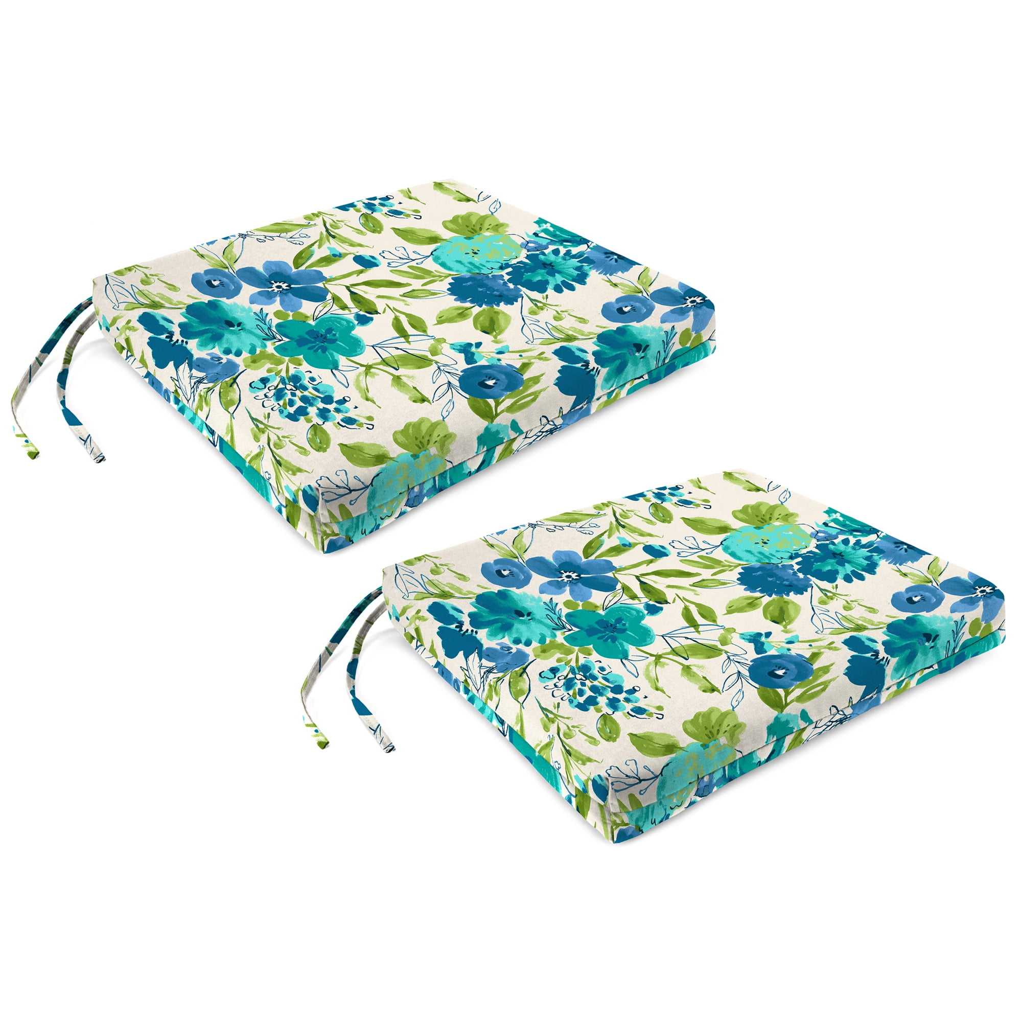 Jordan Manufacturing 17" x 19" Bettina Aqua Cream Floral Rectangular Outdoor Chair Pad Seat Cushion with Ties (2 Pack)