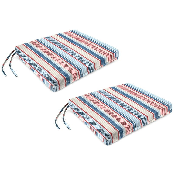Jordan Manufacturing 17" x 19" Davian Razz Red, White and Blue Stripe Rectangular Outdoor Chair Pad Seat Cushion with Ties (2 Pack)