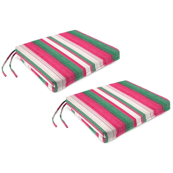 Jordan Manufacturing 17" x 19" Giden Cider Pink and Green Stripe Rectangular Outdoor Chair Pad Seat Cushion with Ties (2 Pack)