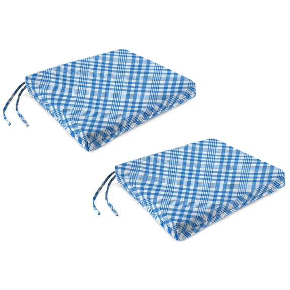 Jordan Manufacturing 17" x 19" Hanks Wetland Blue Plaid Rectangular Outdoor Chair Pad Seat Cushion with Ties (2 Pack)