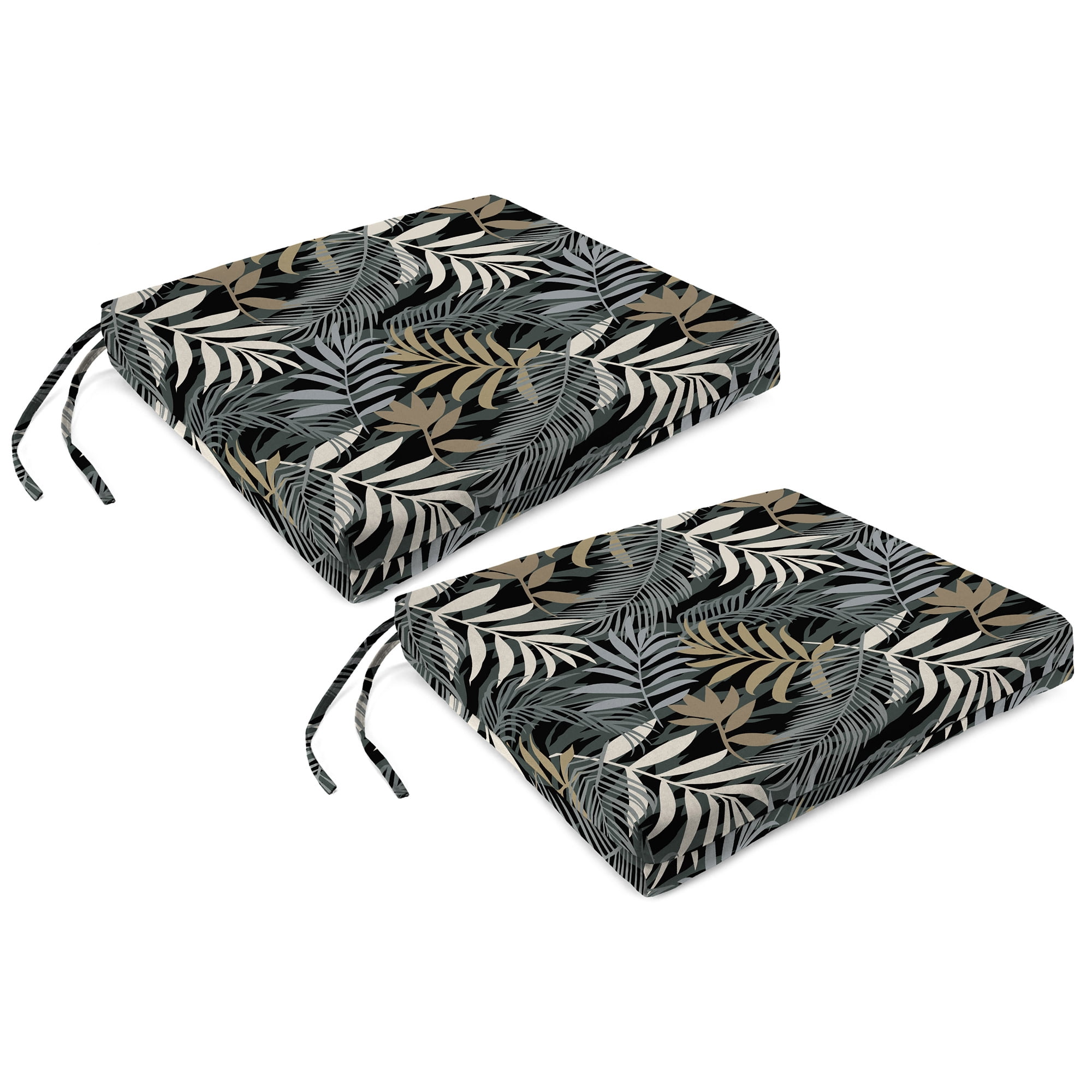 Jordan Manufacturing 17" x 19" Maryland Driftwood Black Leaves Rectangular Outdoor Chair Pad Seat Cushion with Ties (2 Pack)