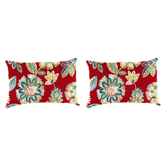 Jordan Manufacturing 18" x 12" Daelyn Cherry Red Floral Rectangular Outdoor Lumbar Throw Pillow (2 Pack)