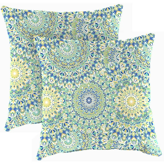 Jordan Manufacturing 18" x 18" Alonzo Fresco Blue and Green Medallion Square Outdoor Throw Pillow (2 Pack)