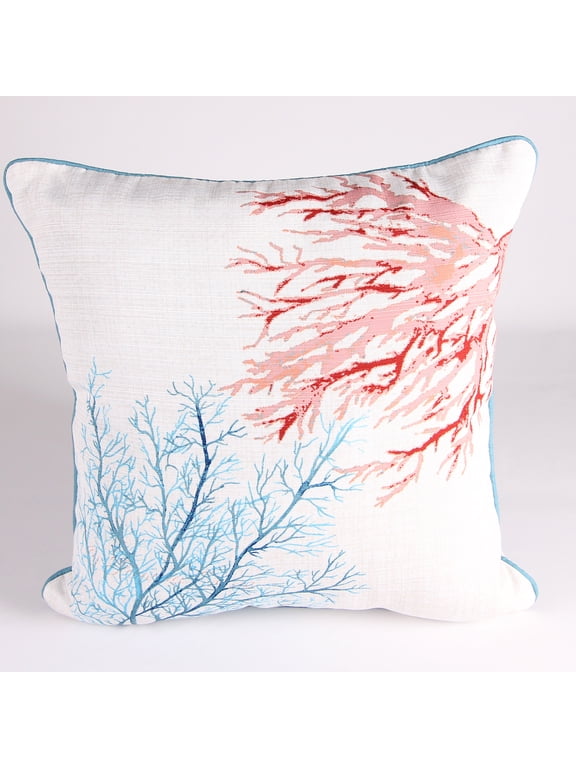 18" x 18" Aqua, Pink and Cream Coral Branch Nautical Square Reversible Decorative Throw Pillow with Welt