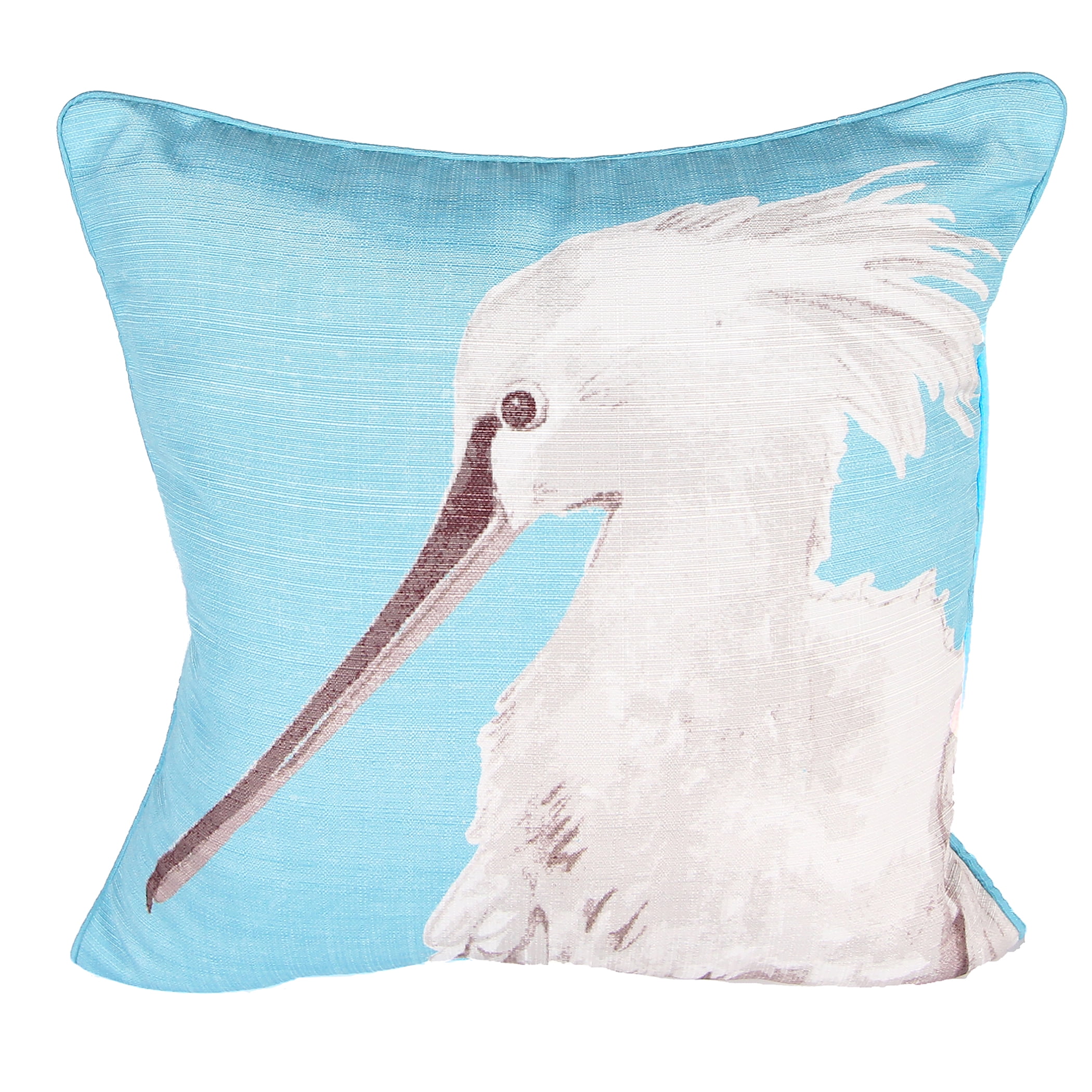 Jordan Manufacturing 18" x 18" Aqua, White and Brown Crane Bird Square Reversible Decorative Throw Pillow with Welt
