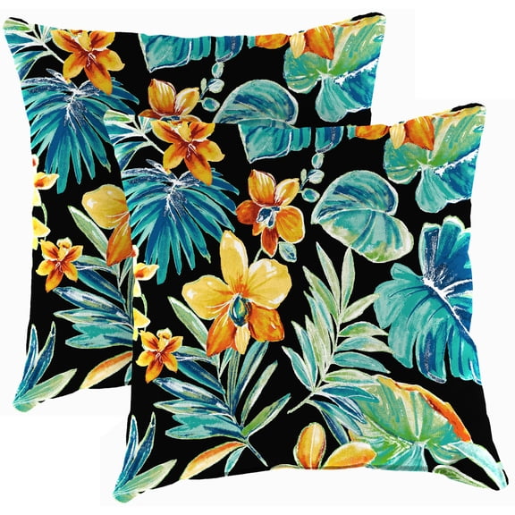 Jordan Manufacturing 18" x 18" Beachcrest Caviar Black Floral Square Outdoor Throw Pillow (2 Pack)