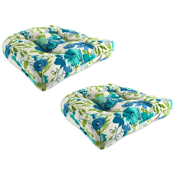 Jordan Manufacturing 18" x 18" Bettina Aqua Cream Floral Square Tufted Contoured Outdoor Wicker Seat Cushion (2 Pack)
