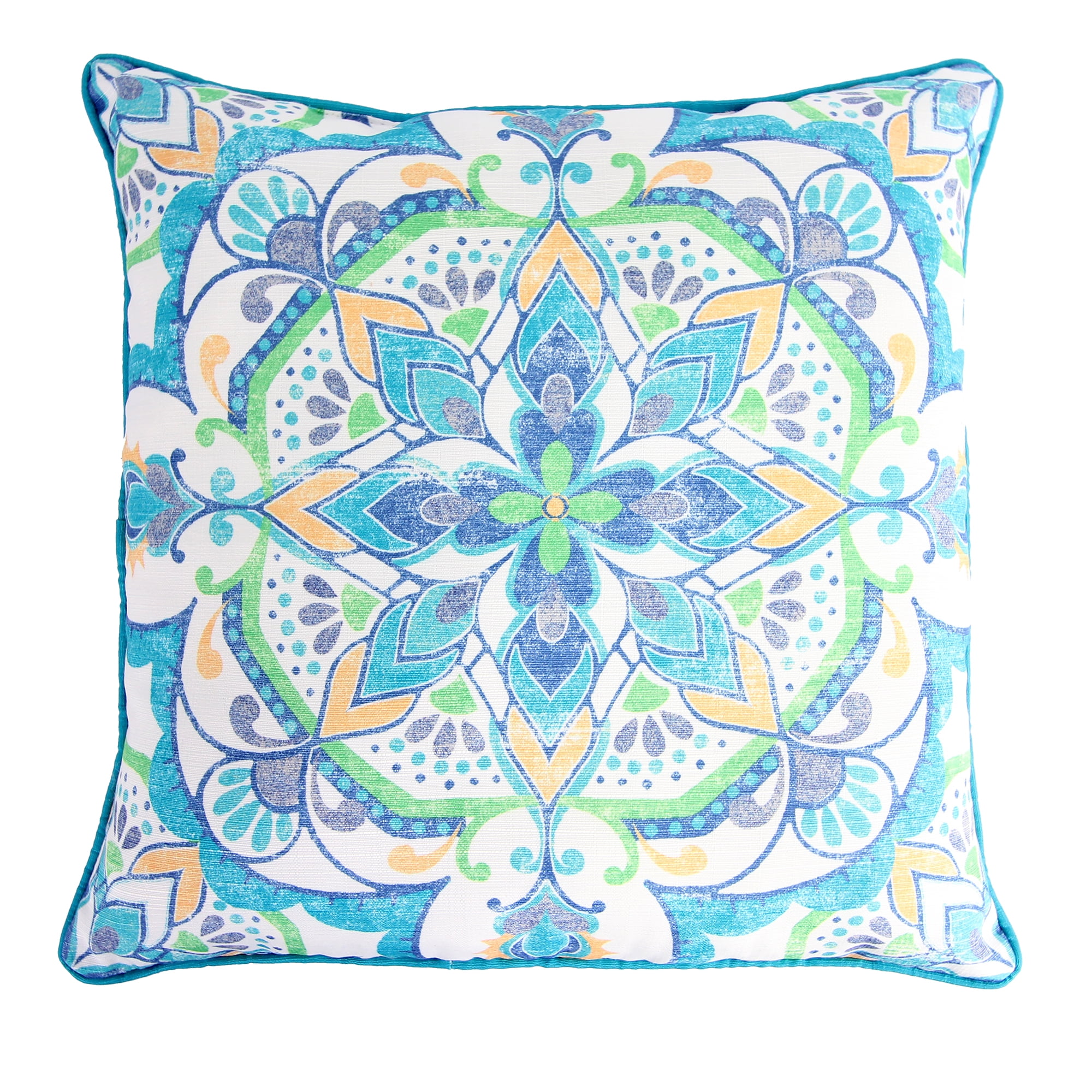 18" Blue and Turquoise Medallion Embroidered Square Throw Pillow