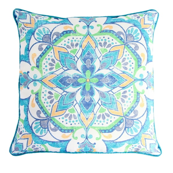 Jordan Manufacturing 18" x 18" Blue Medallion and Turquoise Solid Reversible Square Decorative Throw Pillow with Welt