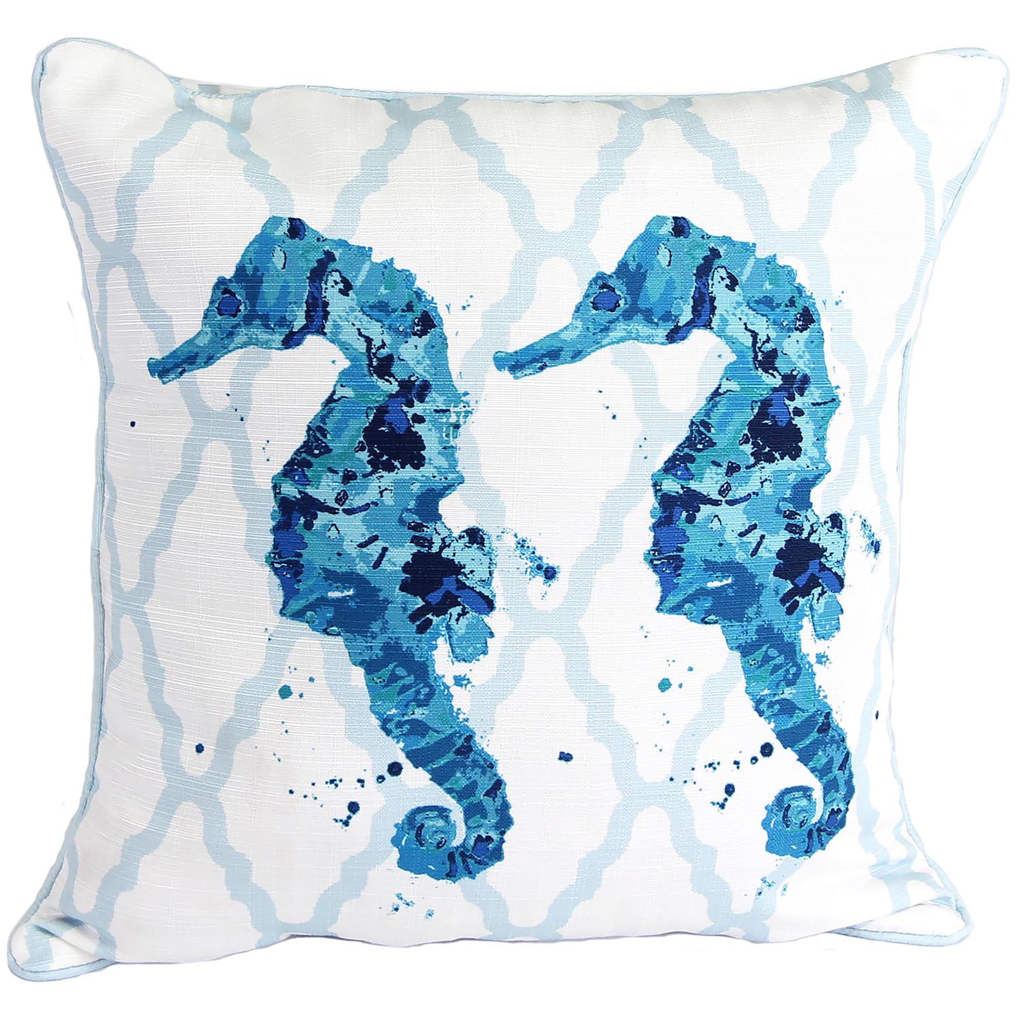 18" Blue and White Nautical Seahorse Embroidered Square Throw Pillow