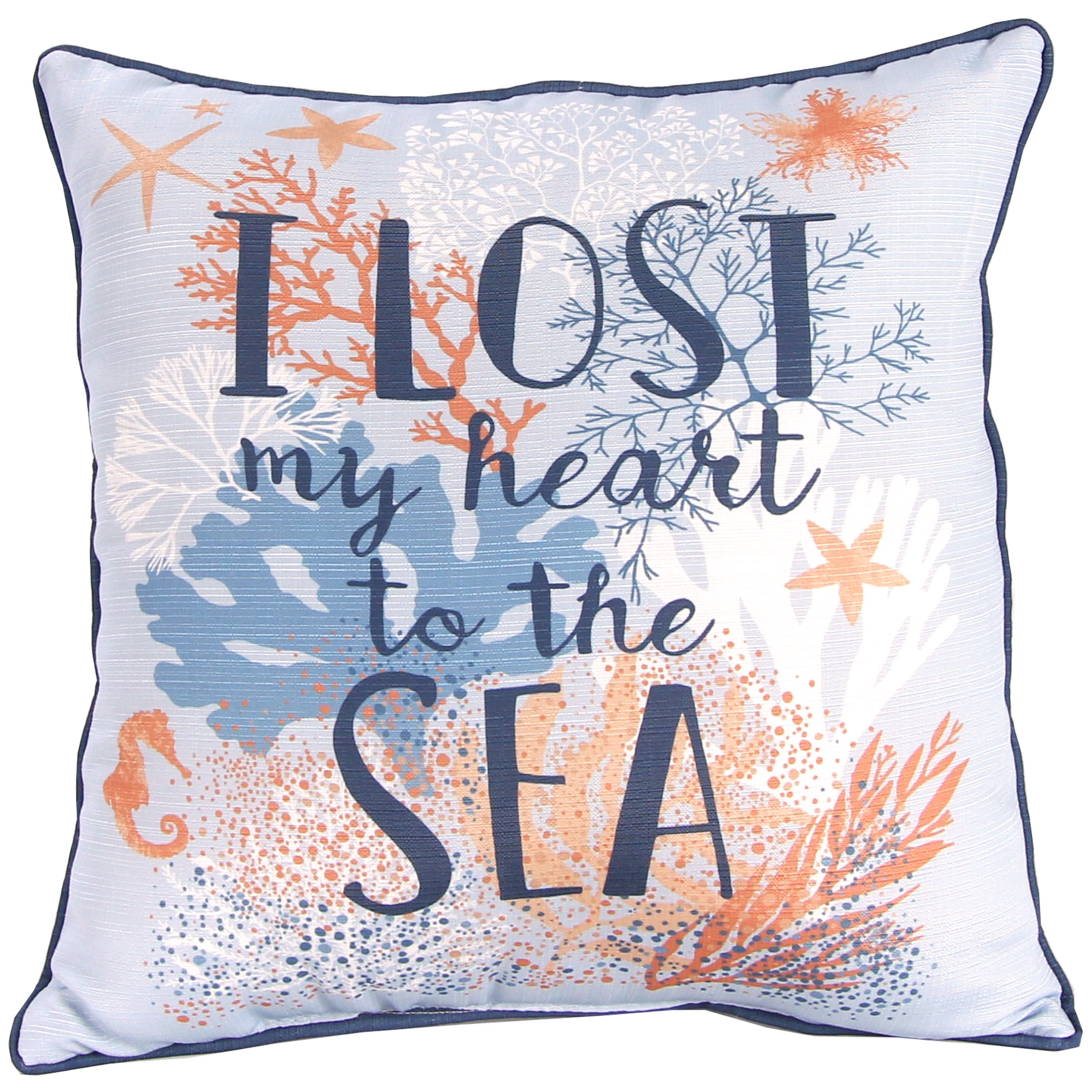 Jordan Manufacturing 18" x 18" Blue and Coral Heart to the Sea Nautical Square Decorative Throw Pillow with Welt and Embroidery Accent