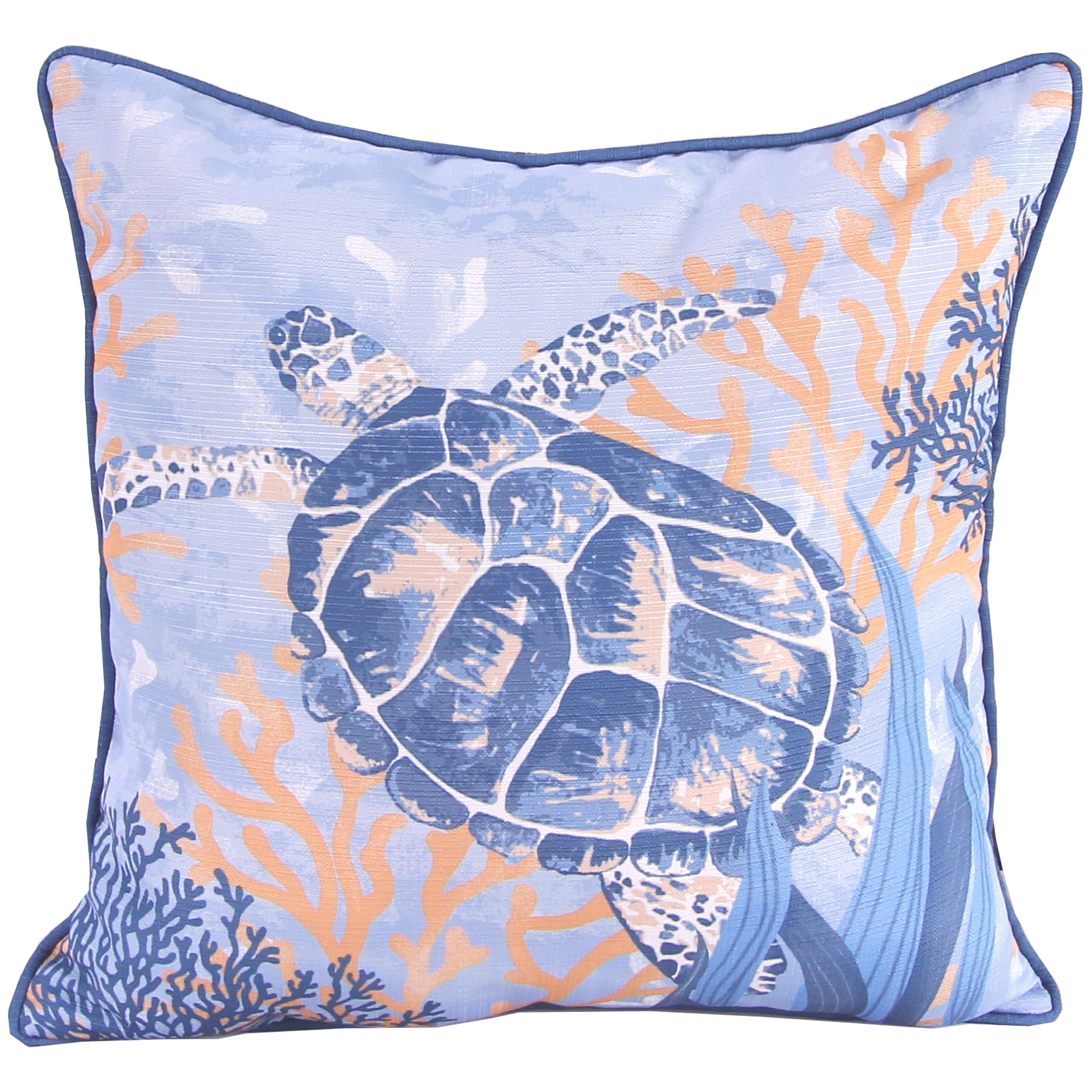 Jordan Manufacturing 18" x 18" Blue and Coral Sea Turtle Nautical Square Decorative Throw Pillow with Welt