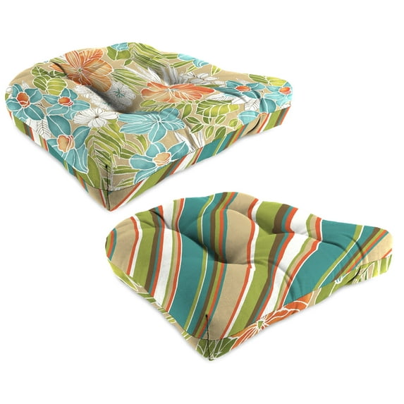 Jordan Manufacturing 18" x 18" Browning Opal Multicolor Stripe  and Clemens Opal Beige Floral Reversible Square Tufted Contoured Outdoor Wicker Seat Cushion (2 Pack)