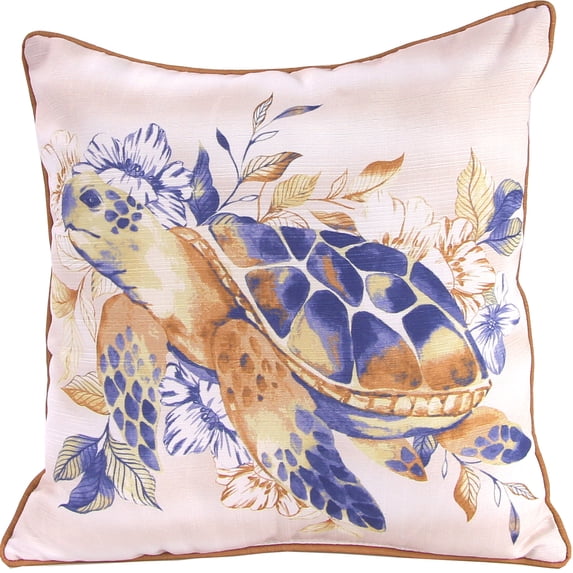 Jordan Manufacturing 18" x 18" Burnt Orange, Cream and Blue Sea Turtle Nautical Square Decorative Throw Pillow with Welt