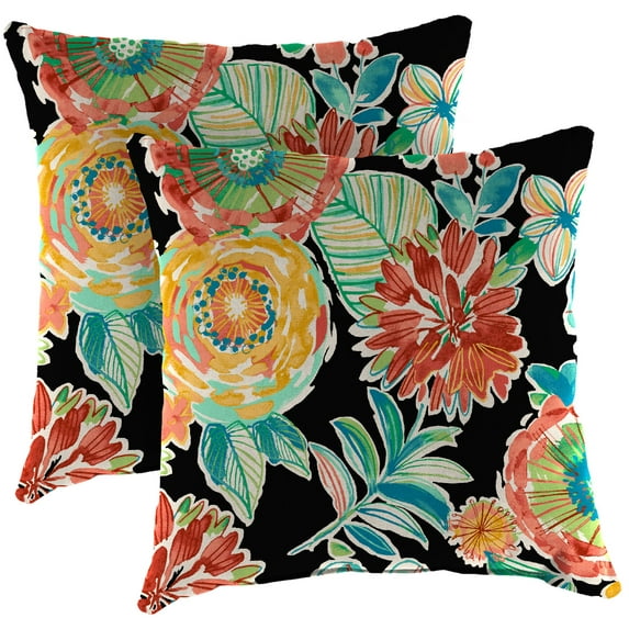 Jordan Manufacturing 18" x 18" Colsen Noir Black Floral Square Outdoor Throw Pillows (2 Pack)
