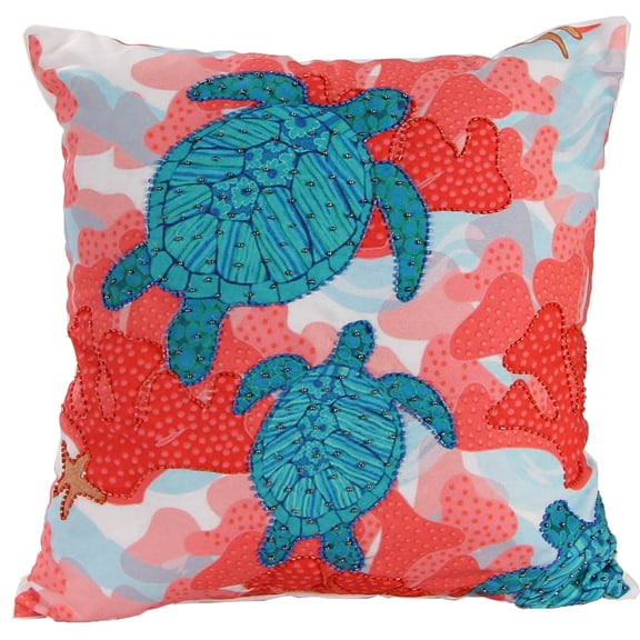 Jordan Manufacturing 18" x 18" Coral and Teal Turtles Nautical Square Reversible Decorative Throw Pillow with Bead Accent