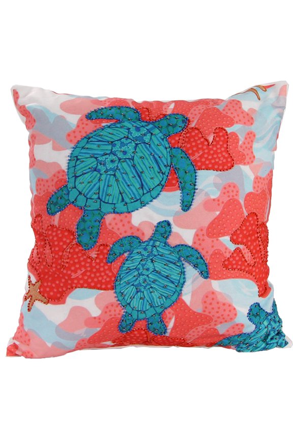 18" x 18" Coral and Teal Turtles Nautical Square Reversible Decorative Throw Pillow with Bead Accent